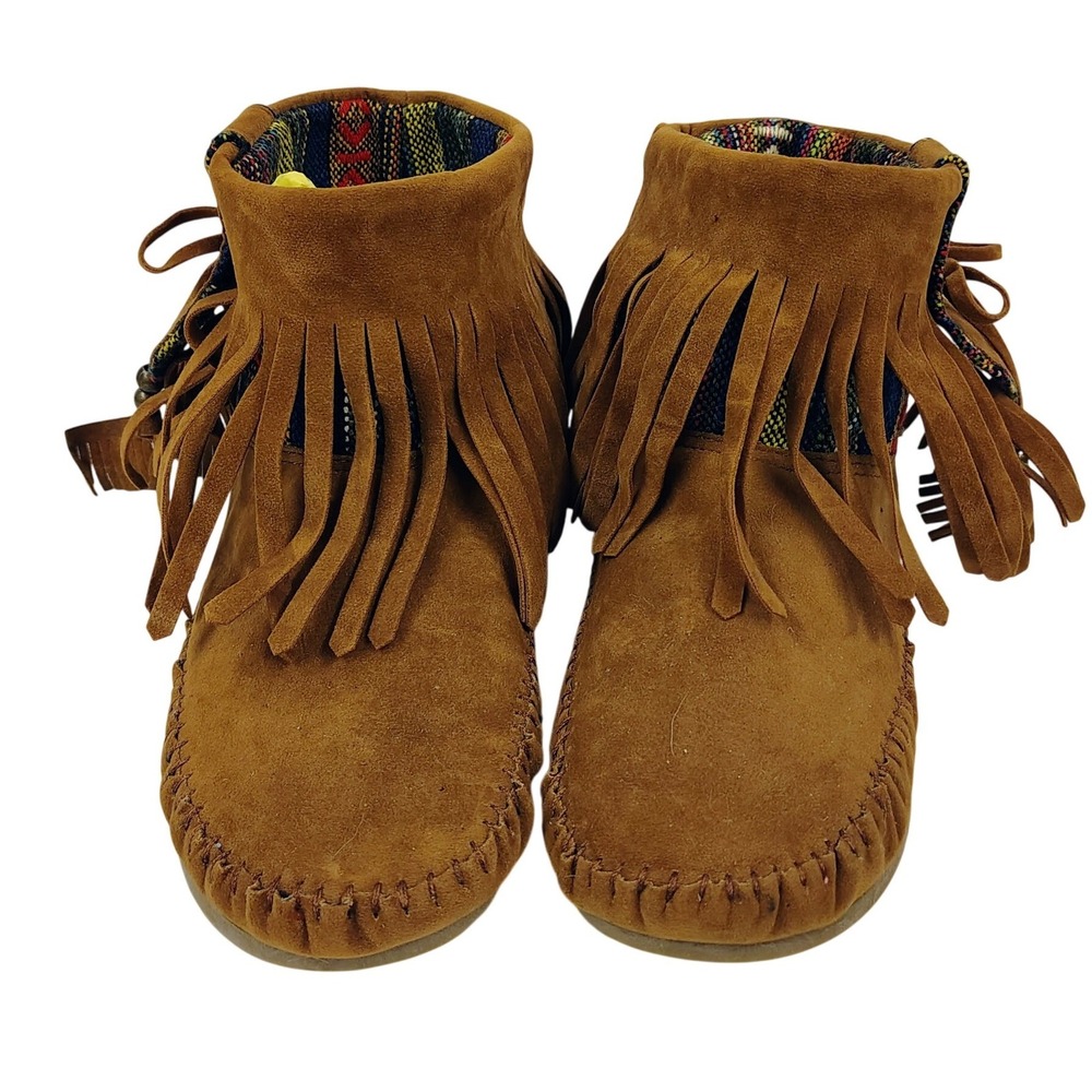 Eye Candy Womens Tan Suede Fringe Moccasin Ankle Boots Southwest Pattern Lining